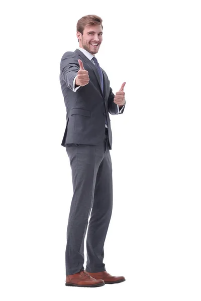 In full growth. happy businessman showing thumbs up. — Stock Photo, Image