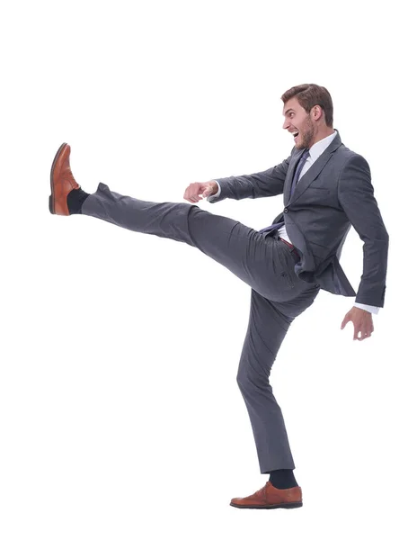 En pleine croissance. homme d'affaires souriant poussant hors du mur — Photo