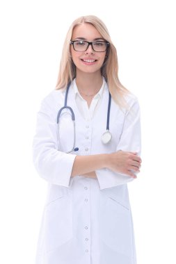 tam büyüme. stetoskop ile gülümseyen kadın doktor