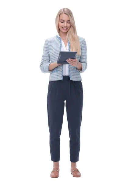 Sonriente joven mujer de negocios con calculadora. aislado en blanco — Foto de Stock