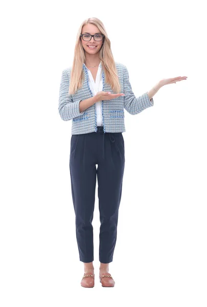 Mulher de negócios bem sucedida mostrando em screen.isolated em branco — Fotografia de Stock