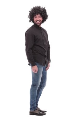 yan görünüm. kot komik şok edici adam. beyaz izole