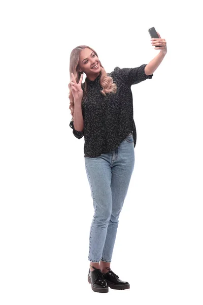 Side view. smiling young woman taking selfie — Stock Photo, Image