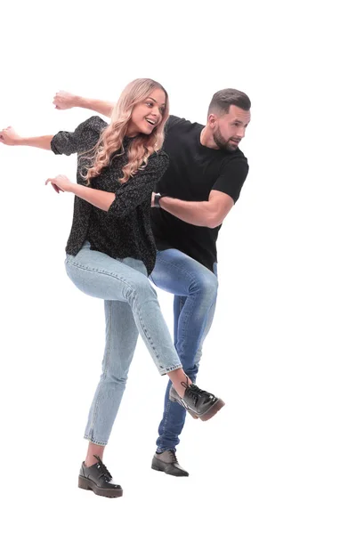 Side view. happy young couple dancing together — Stock Photo, Image