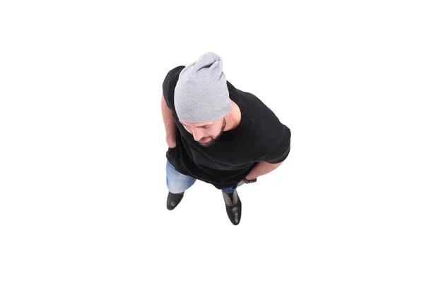 Felülnézetben. fiatal férfi fekete póló előreléptetés — Stock Fotó