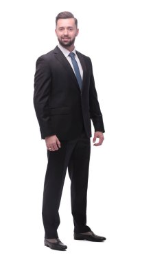 Tam gelişim. Gülümseyen genç iş adamı. beyaz üzerine izole