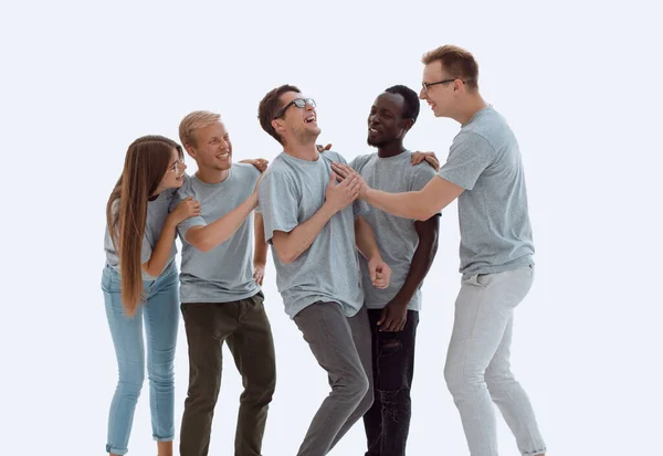 In volle groei. groep van verschillende jongeren in identieke t-shi — Stockfoto