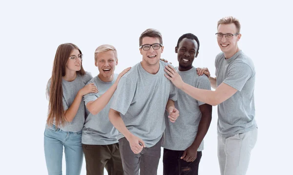 In volle groei. groep van verschillende jongeren in identieke t-shi — Stockfoto