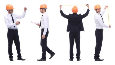 Beyaz üzerine izole edilmiş kalifiye bir mimarın panoramik fotoğraf kolajı