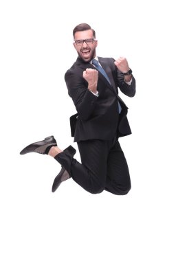 Tam gelişim. Mutlu dans eden genç iş adamı