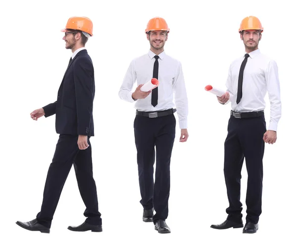 Em pleno crescimento .a arquiteto qualificado em um capacete laranja — Fotografia de Stock