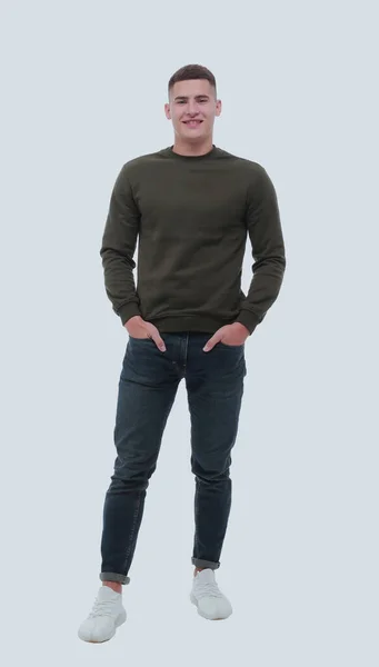Em pleno crescimento. sorrindo homem comum em jeans — Fotografia de Stock