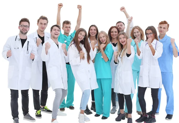 Top view. a group of smiling doctors pointing at you. — Stock Photo, Image