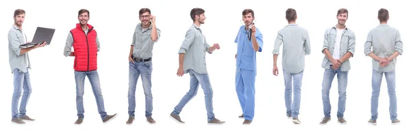 Collage arts en jonge man geïsoleerd op wit — Stockfoto