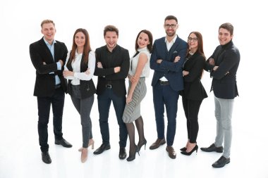 Kollarını beyaz arka planda birleştiren mutlu iş ekibi.