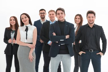 Başarılı iş adamları mutlu görünüyor. Beyazlar üzerinde izole edilmiş.