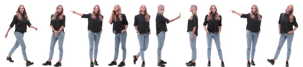 Foto collage van een moderne jonge vrouw met een smartphone — Stockfoto