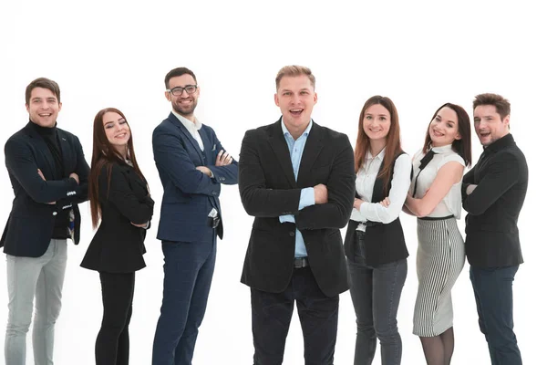 Equipe de negócios confiante fica sobre backgound branco — Fotografia de Stock