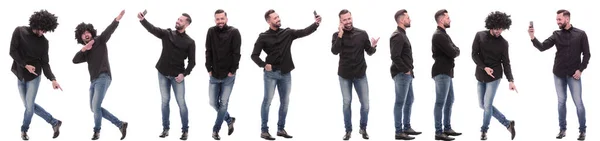 Fotografi collage av en modern ung man med en smartphone — Stockfoto