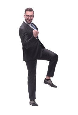 Mutlu başarılı genç iş adamı. beyaz üzerine izole