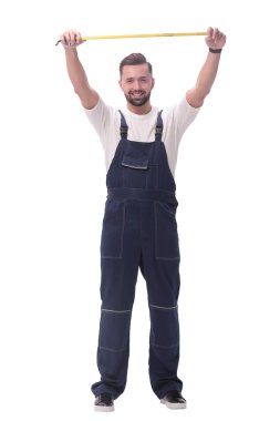 Tam gelişim. gülümseyen adam inşaatı gösteriyor - rulet