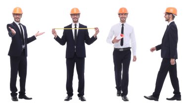 Beyaz üzerine izole edilmiş mimar uzmanının panoramik fotoğraf kolajı