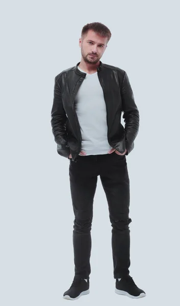 In full growth. stylish young man in black leather jacket — Stock Photo, Image