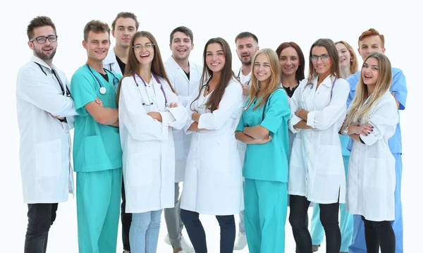 Ovanifrån. en grupp leende läkare som pekar på dig. — Stockfoto