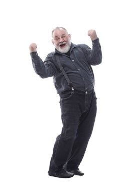 Tam gelişim. Neşeli yaşlı adam kameraya bakıyor.