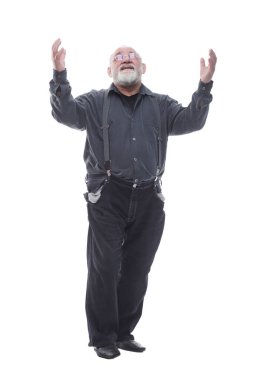 Boş cepleri olan hayal kırıklığına uğramış yaşlı bir adam. bir beyaz üzerinde izole