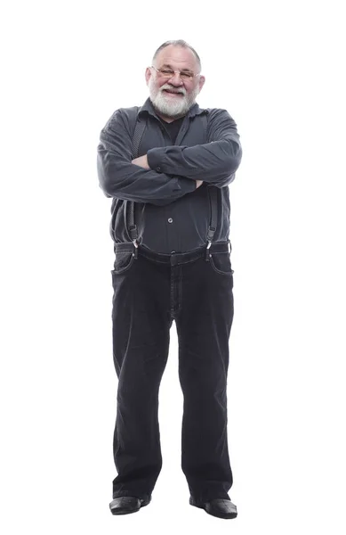 Красивый бородатый мужчина в брюках с подтяжками. изолированный на белом — стоковое фото