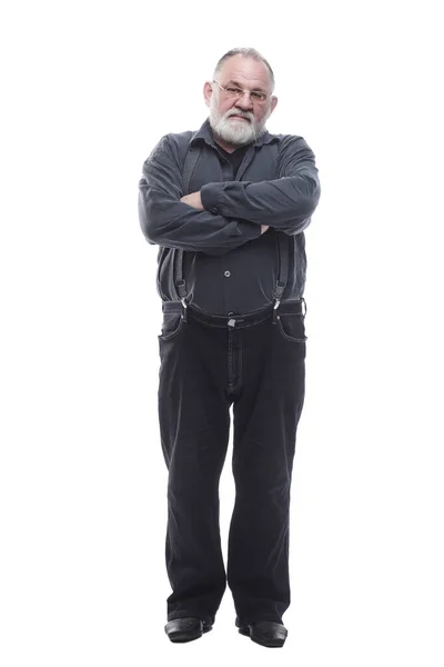 Красивый бородатый мужчина в брюках с подтяжками. изолированный на белом — стоковое фото