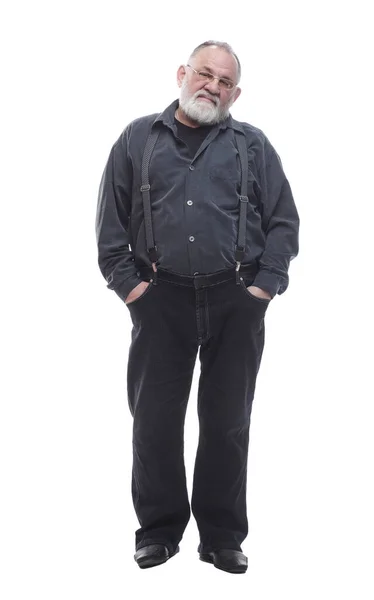 Un hombre guapo y barbudo en pantalones con tirantes. aislado en un blanco —  Fotos de Stock