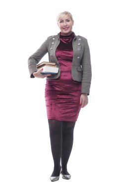 Elinde bir yığın kitapla gülümseyen genç bir kadın. bir beyaz üzerinde izole