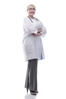 Dost canlısı bayan doktor onaylıyor. bir beyaz üzerinde izole