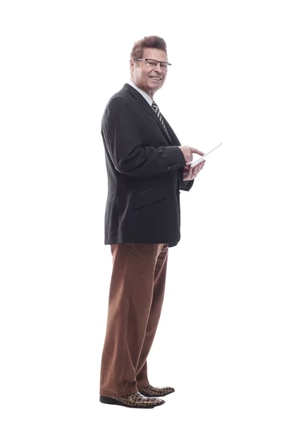 Homem de negócios feliz com um tablet digital. isolado em um branco — Fotografia de Stock