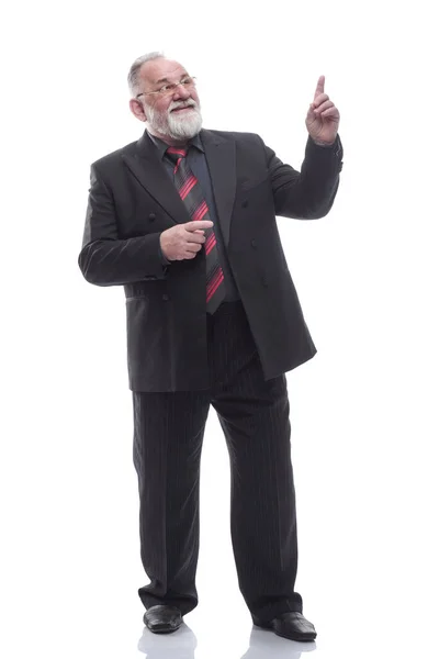 Senior affärsman pekar på en vit tom skärm. — Stockfoto
