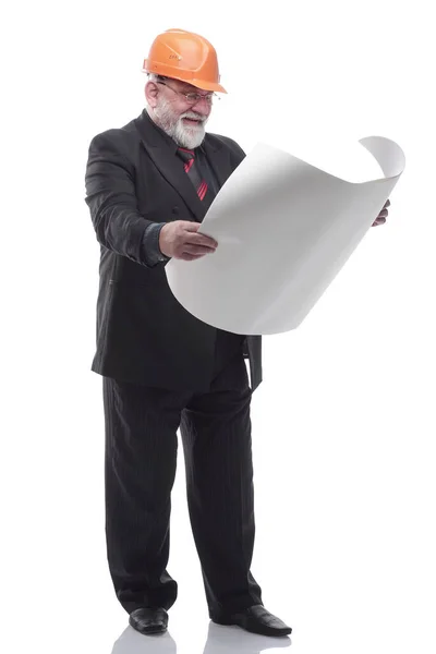 Arquiteto de sucesso maduro com um rolo de desenhos. isolado em um branco — Fotografia de Stock