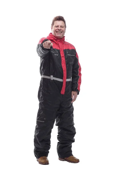 Happy man in winter insulated overalls. isolated on a white — Stock Photo, Image