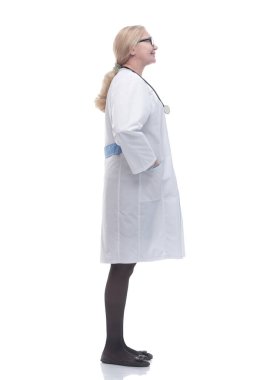 Yan görünüş. Dost canlısı bayan doktor dört gözle bekliyor