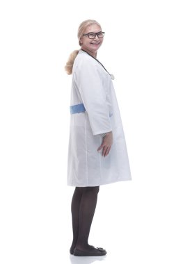 Yan görünüş. Dost canlısı bayan doktor dört gözle bekliyor