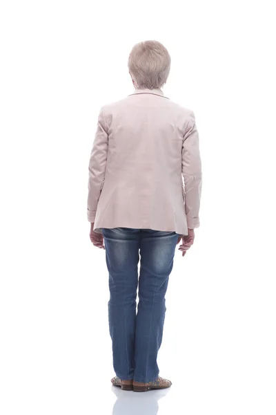Οπίσθια όψη. ηλικιωμένη γυναίκα που κοιτάζει μια λευκή λευκή οθόνη — Φωτογραφία Αρχείου