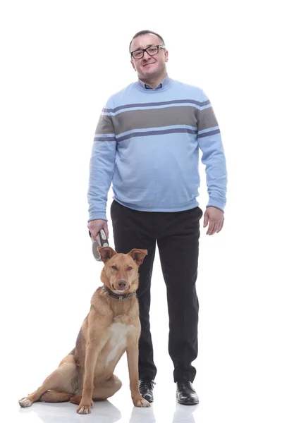 Teljes növekedésben. portré egy férfiról a kutyájával — Stock Fotó