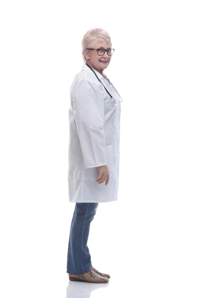 Vue latérale. femme mature médecin impatient — Photo