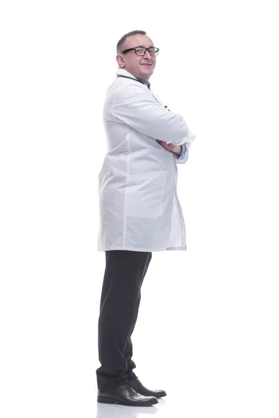 Side view. smiling mature doctor looking forward — Stock Photo, Image