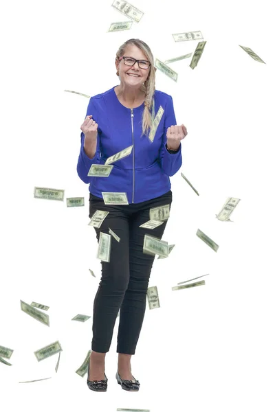 In volle groei. gelukkige oudere vrouw met dollarbiljetten. — Stockfoto
