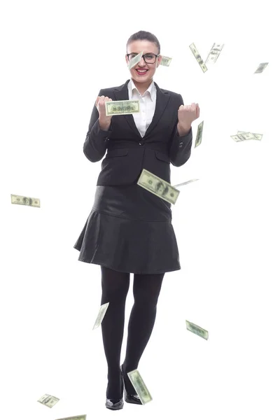 In volle groei. gelukkig zakenvrouw staan tussen dollar biljetten. — Stockfoto