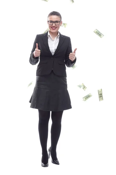 Em pleno crescimento. mulher de negócios feliz de pé entre notas de dólar. — Fotografia de Stock
