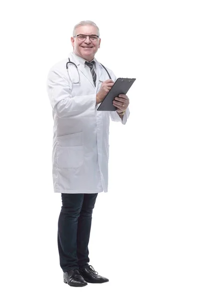 Tam gelişim. Gülümseyen bir doktor tabletine notlar alıyor. — Stok fotoğraf