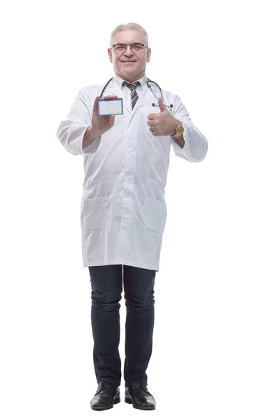 In full growth. qualified doctor showing his visiting card — Stock Photo, Image